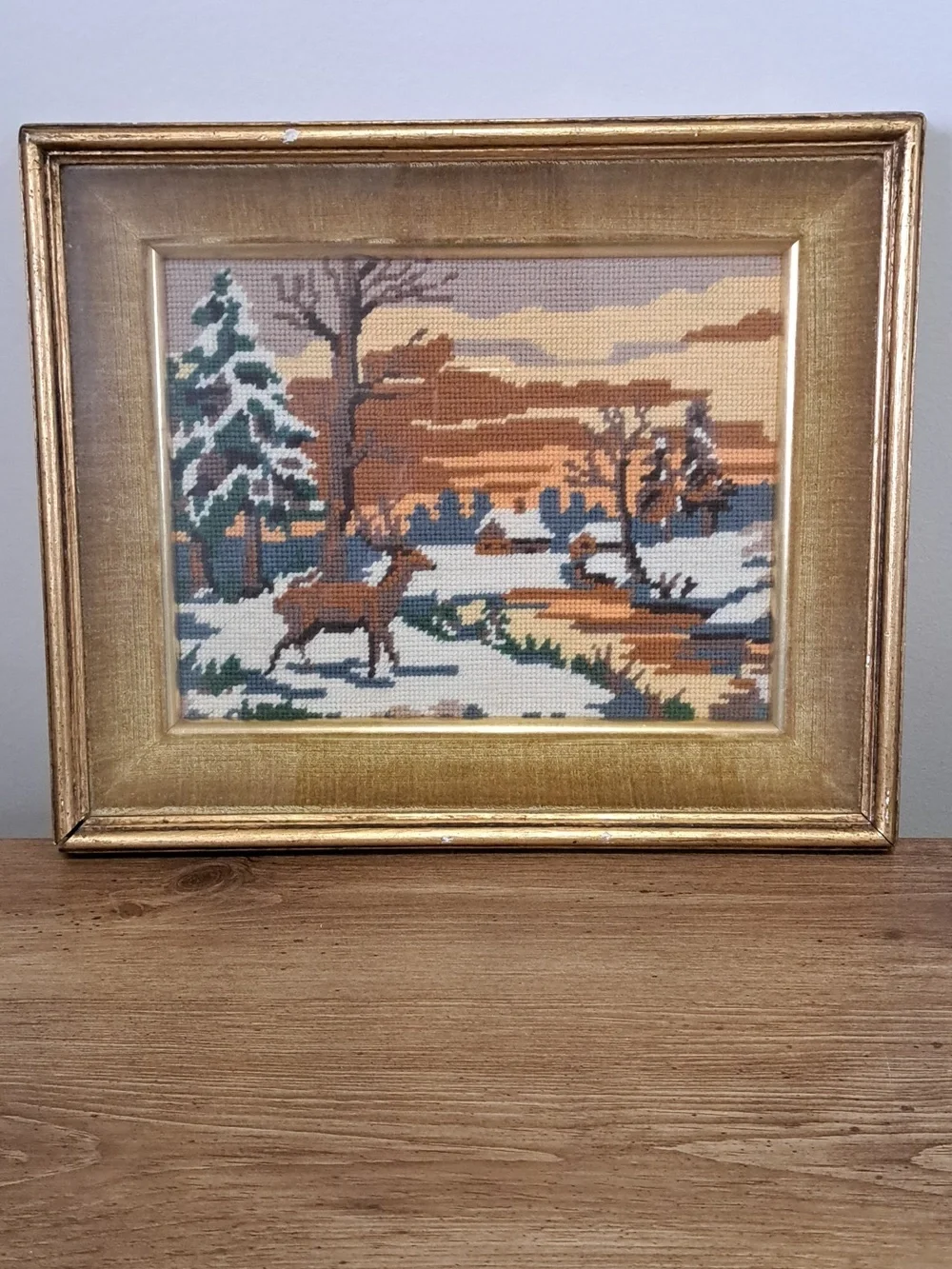 Vintage Needlepoint Framed Artwork Deer Cabins Nature Scene Woodland Classic - Picture 1 of 16